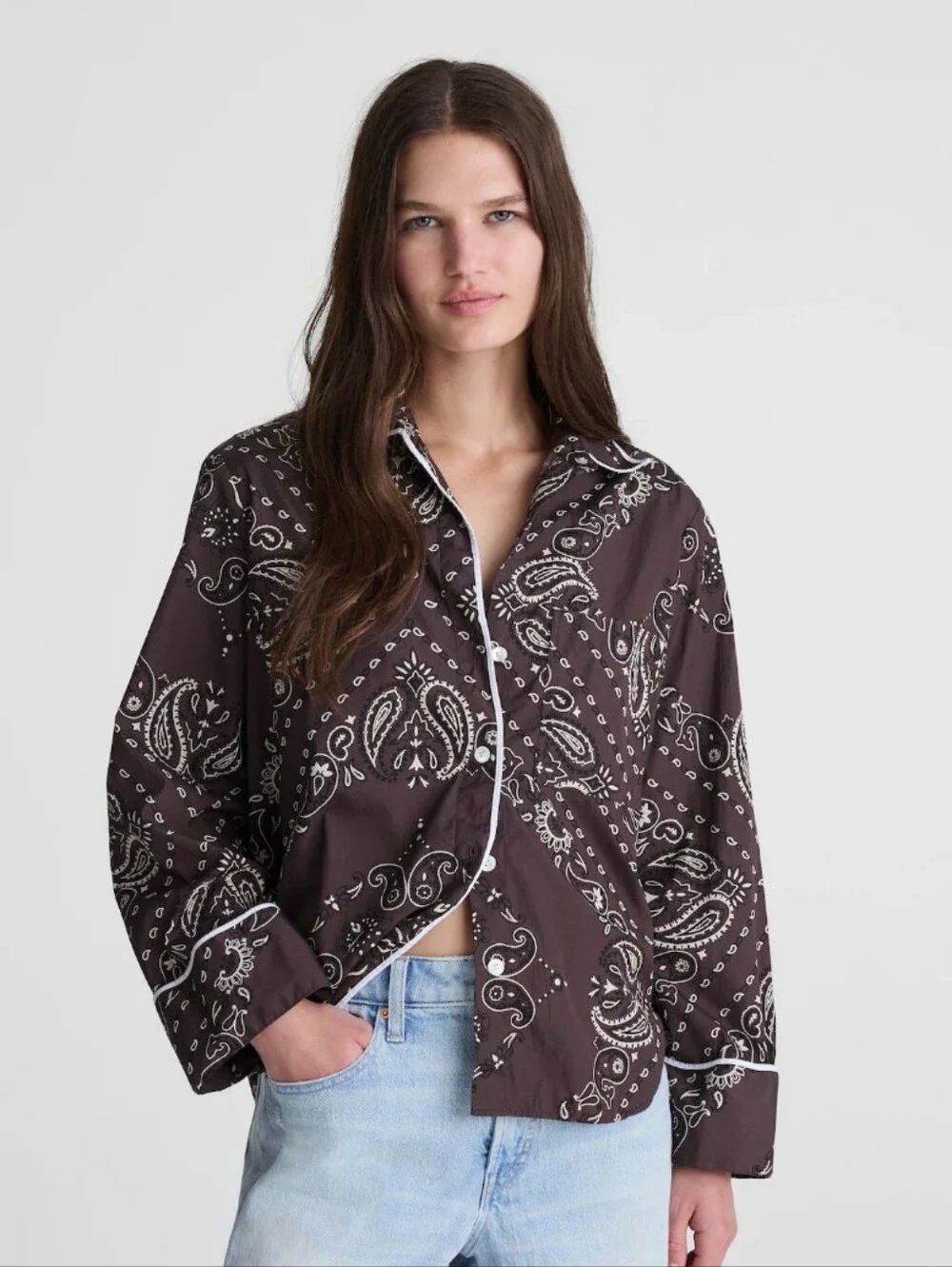 Madewell The Signature Y-Neck Shirt in Poplin NZ678 Size S Brown And White